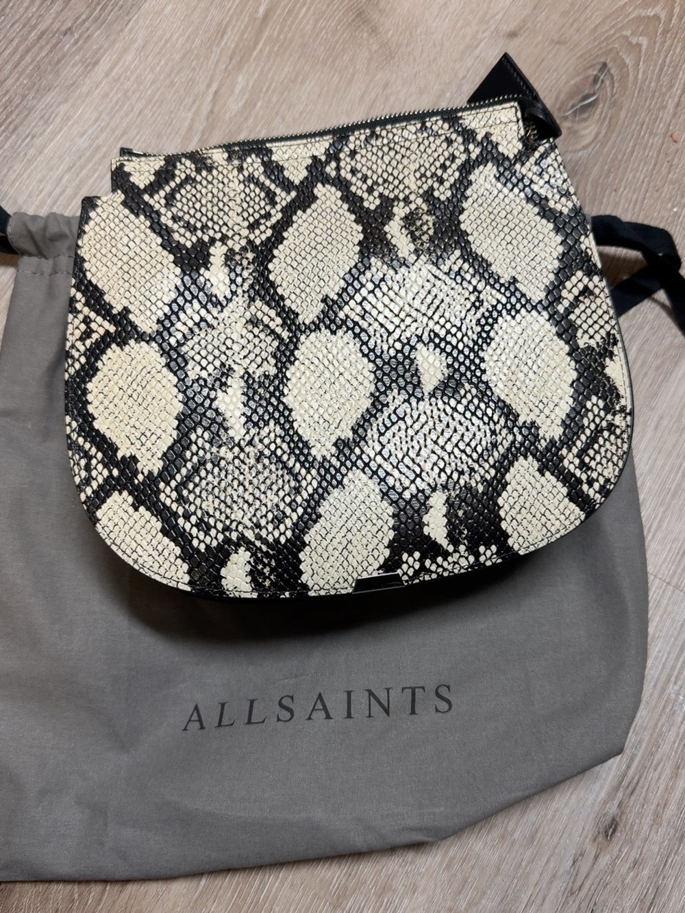 AllSaints Captain Round Crossbody Bag Snake Black Leather $298